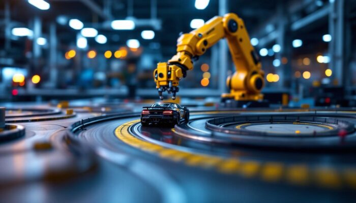 A photograph of a vibrant commercial slot car track setup featuring intricate details of the cars and track layout