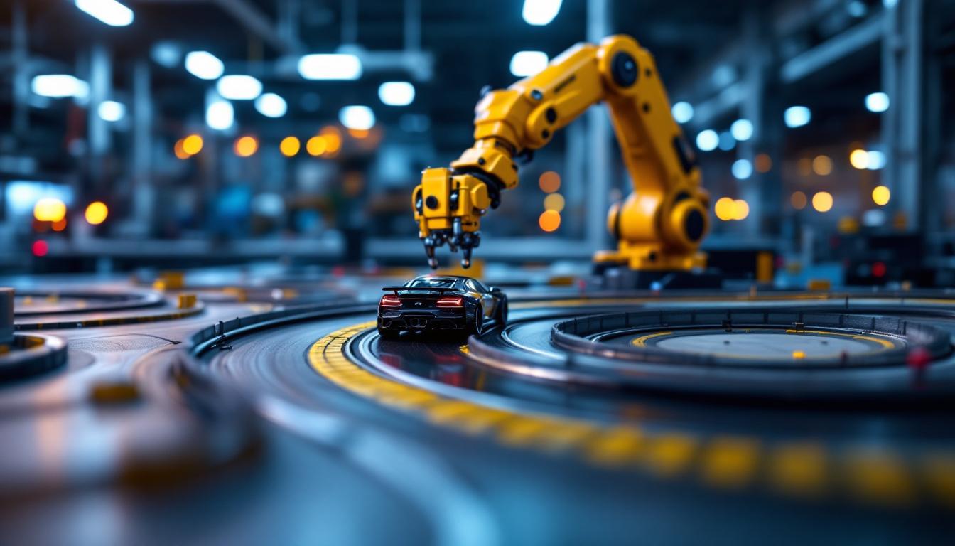 A photograph of a vibrant commercial slot car track setup featuring intricate details of the cars and track layout