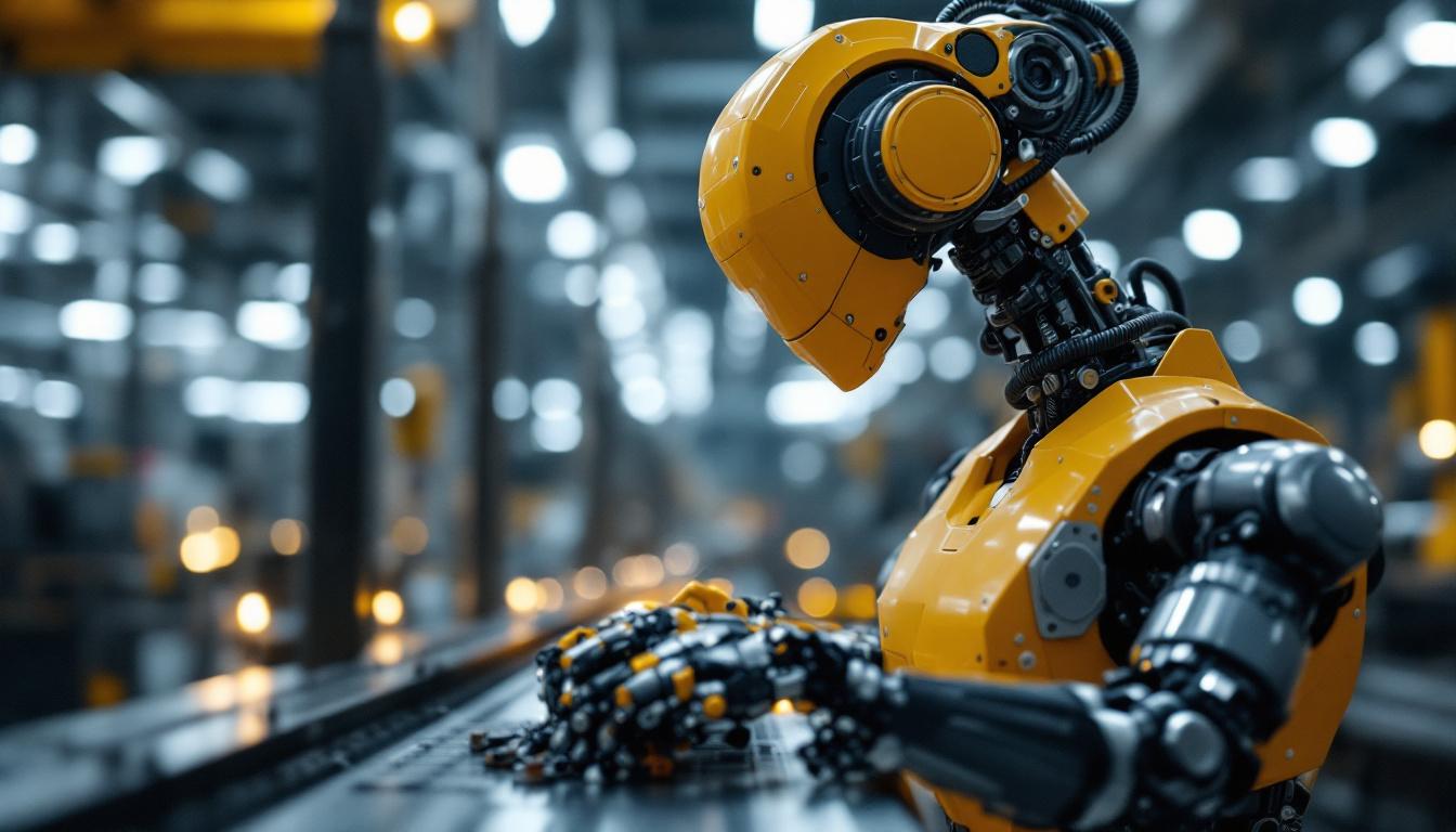 A photograph of capture a photograph of an industrial robot in action within a manufacturing environment