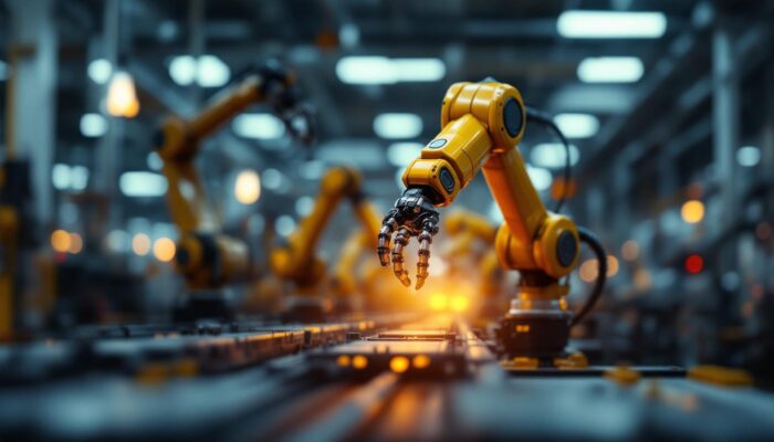 A photograph of a dynamic industrial setting showcasing a robotic arm in action
