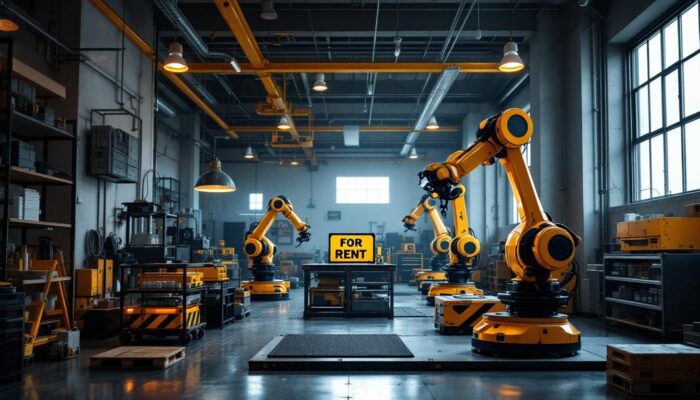 A photograph of a modern small warehouse interior showcasing industrial robots in action