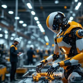 A photograph of a sleek industrial robot in action within a modern manufacturing facility