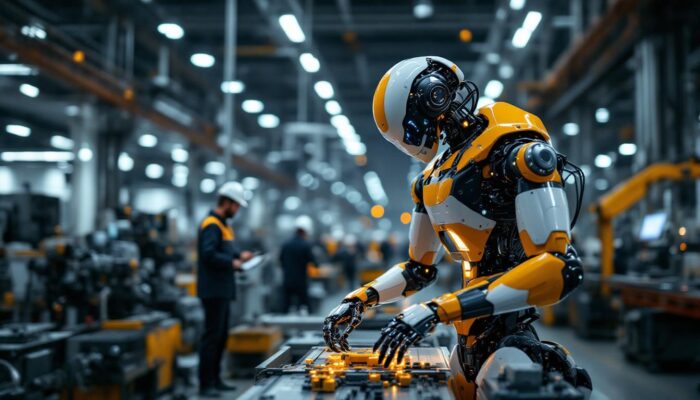 A photograph of a sleek industrial robot in action within a modern manufacturing facility