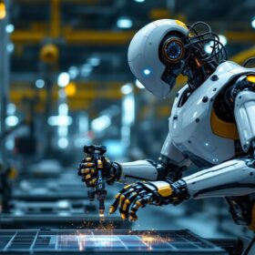 A photograph of a sleek industrial robot in action