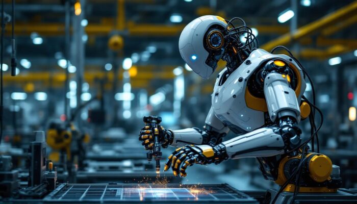 A photograph of a sleek industrial robot in action