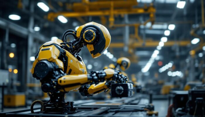 A photograph of a sleek industrial robot in action