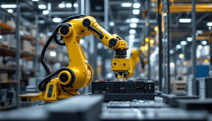 A photograph of a sleek industrial robotic arm in action