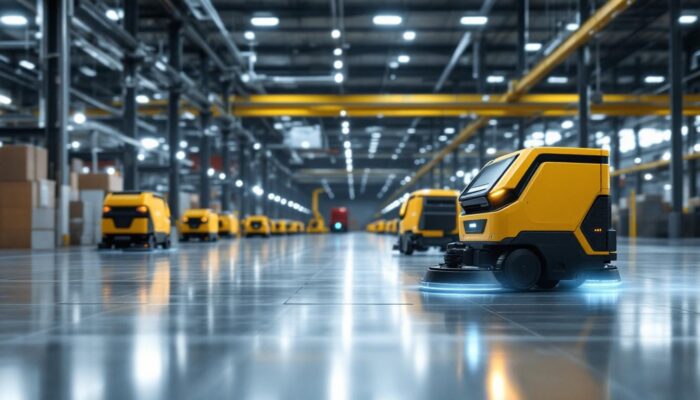 A photograph of a sleek industrial robotic cleaner in action