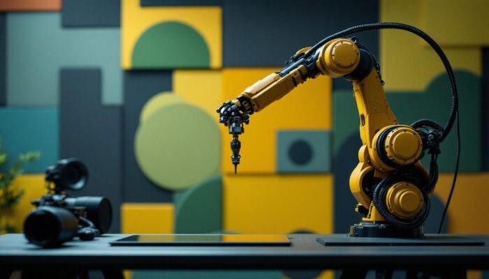 A photograph of a sleek industrial robotic arm in action