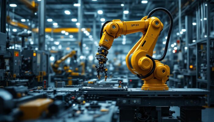 A photograph of a sleek industrial robotic arm in action within a modern manufacturing facility