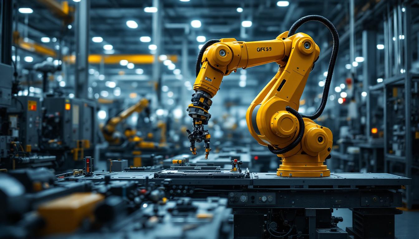 A photograph of a sleek industrial robotic arm in action within a modern manufacturing facility