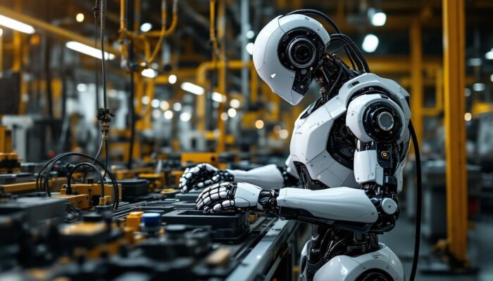 A photograph of a sleek industrial robot in action within a manufacturing environment