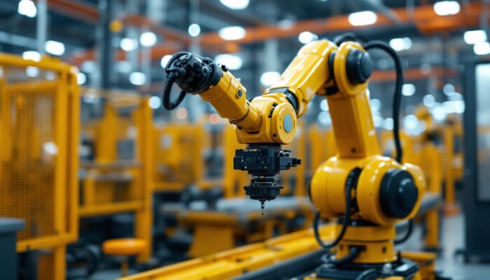 A photograph of a sleek industrial robotic arm in action