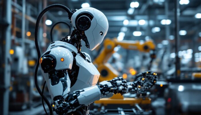 A photograph of a sleek industrial robot in action within a manufacturing environment