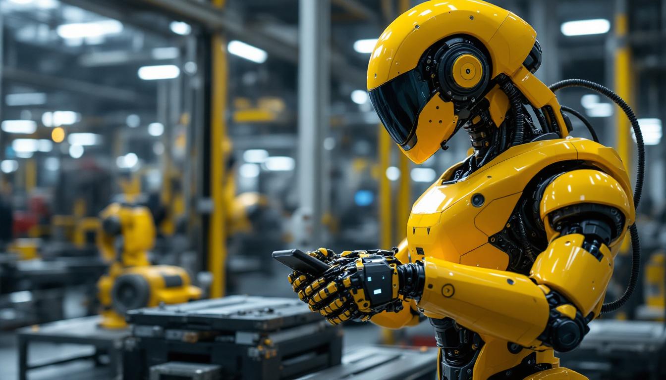 A photograph of a sleek and modern industrial robot in action within a manufacturing environment