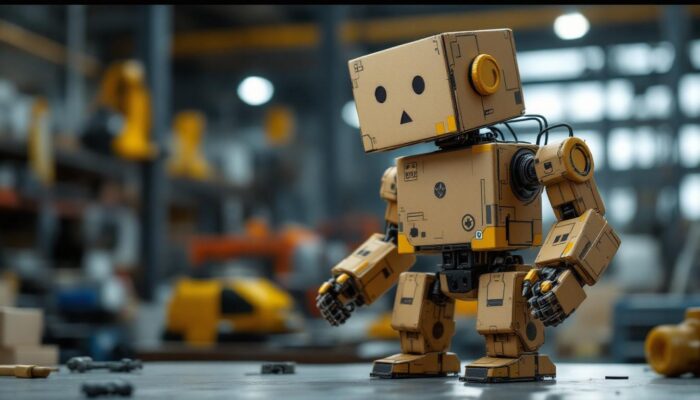 A photograph of a creatively designed robot made from cardboard boxes
