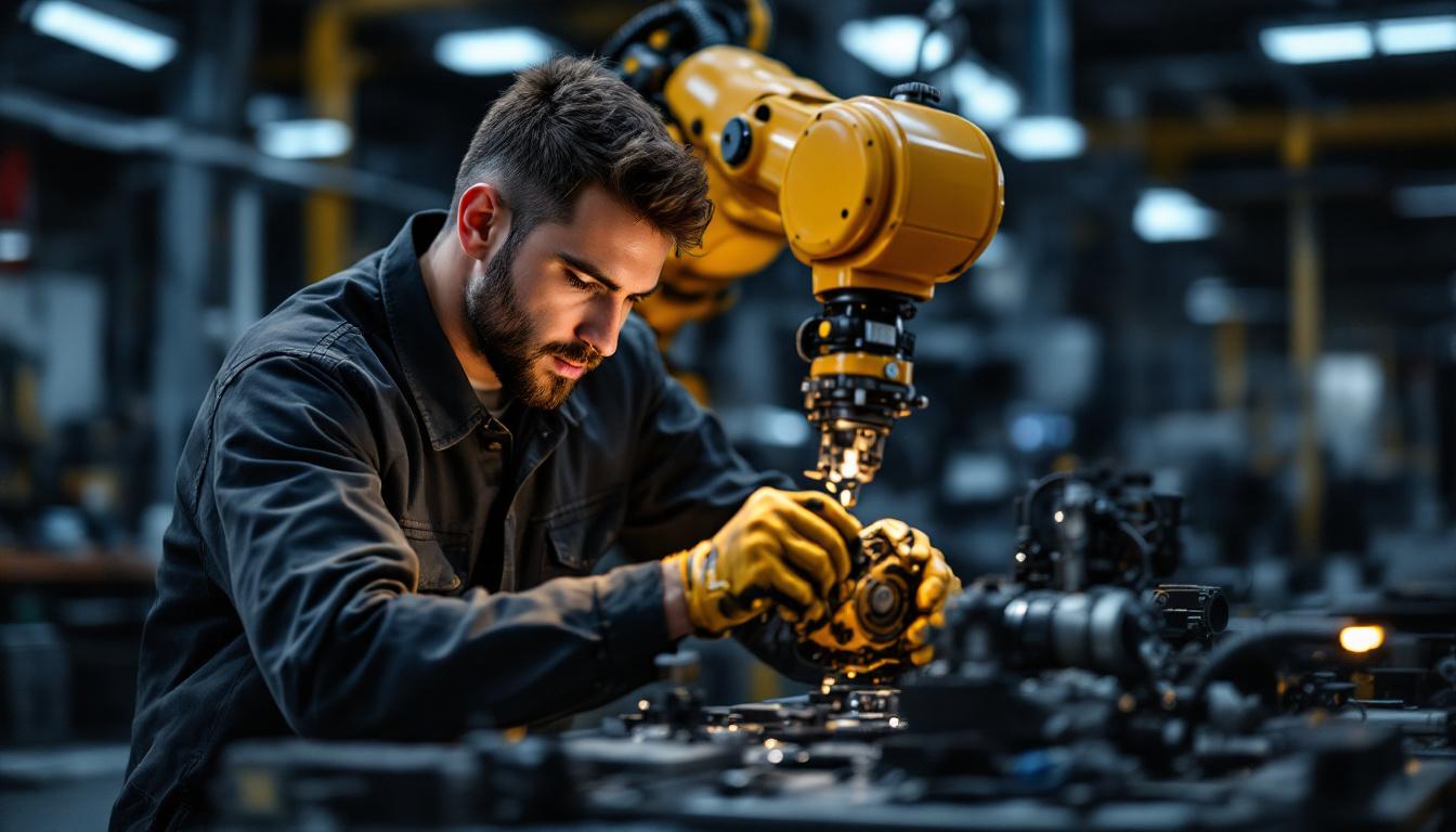 A photograph of a skilled hardware technician working on an industrial robotic arm in a modern workshop