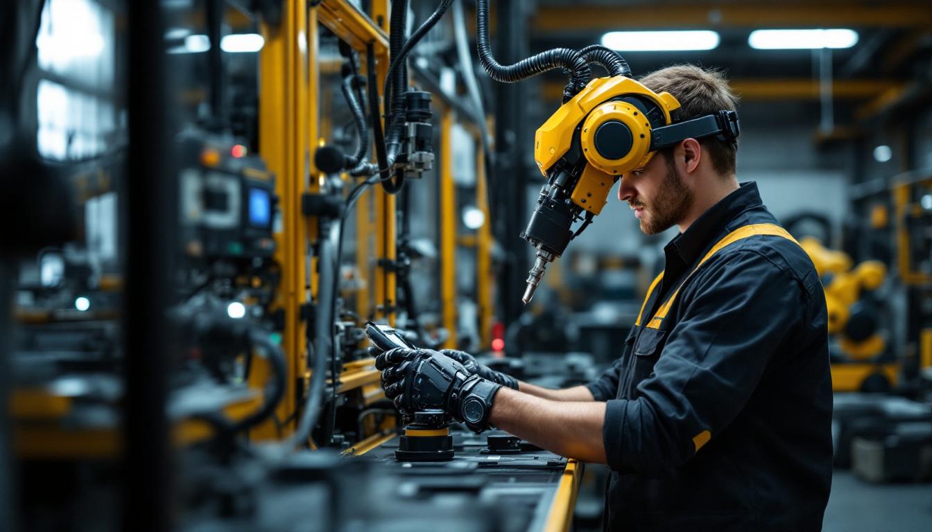 A photograph of a skilled electrical engineering intern working hands-on with an industrial robot in a modern workshop
