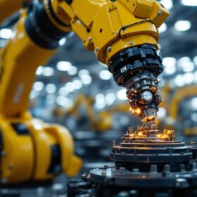 A photograph of a close-up of an industrial robotic arm in action