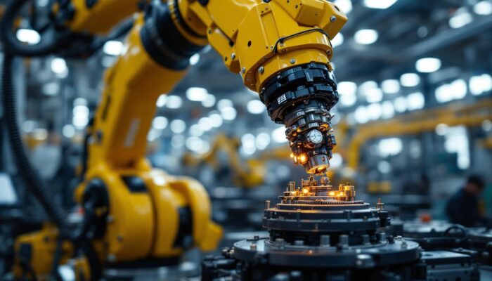 A photograph of a close-up of an industrial robotic arm in action