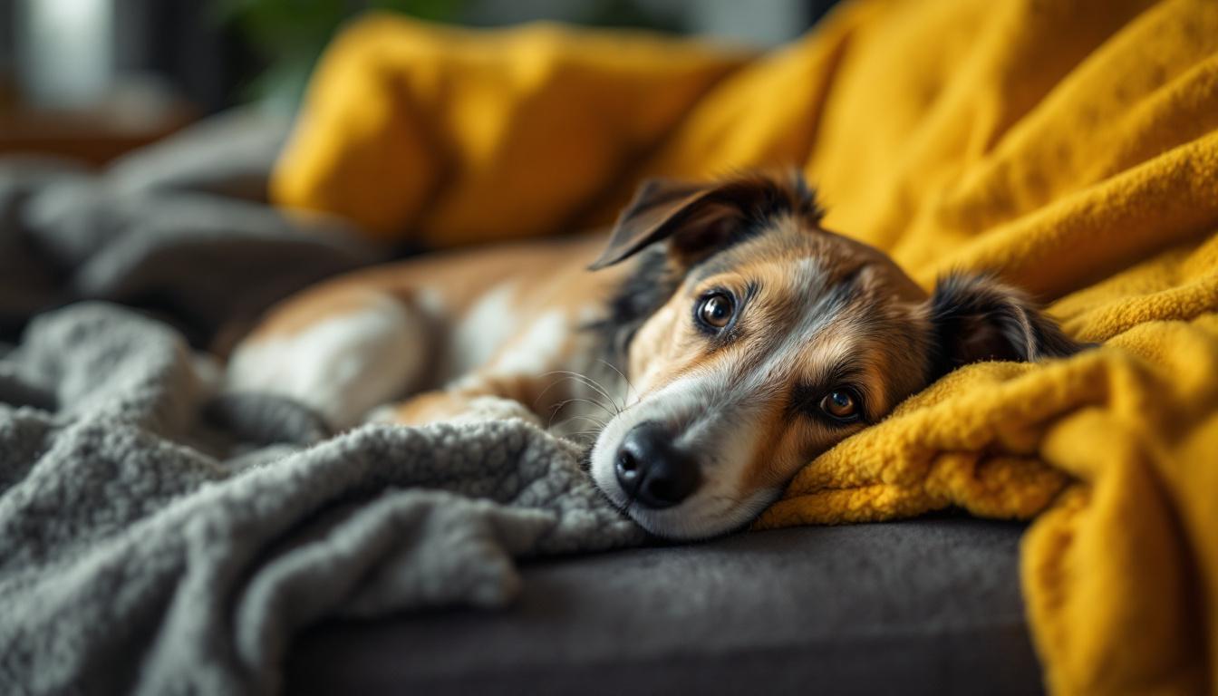 A photograph of a playful dog comfortably lounging in a cozy spot on the couch