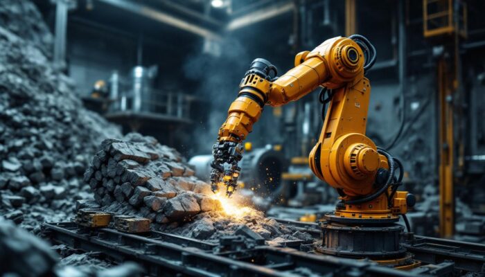 A photograph of a state-of-the-art industrial robotic arm in action at the boston mine facility