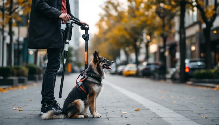 A photograph of a person using a high-tech walking stick equipped with robotic features