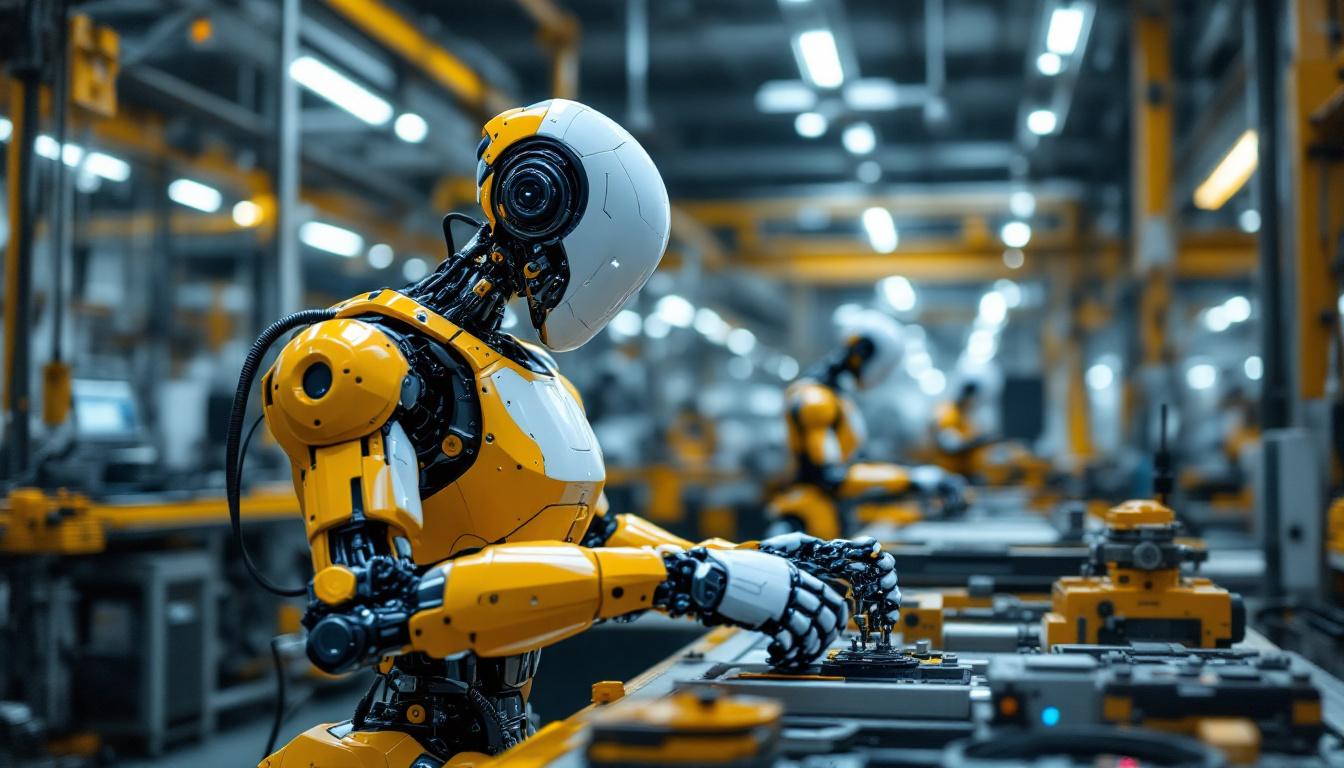 A photograph of a sleek industrial robot in action on a factory floor