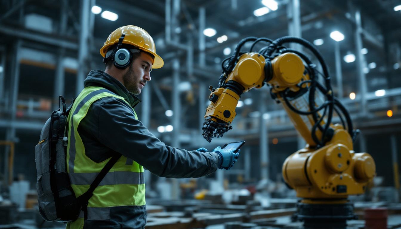 A photograph of a sleek industrial robotic arm in action within a modern manufacturing environment
