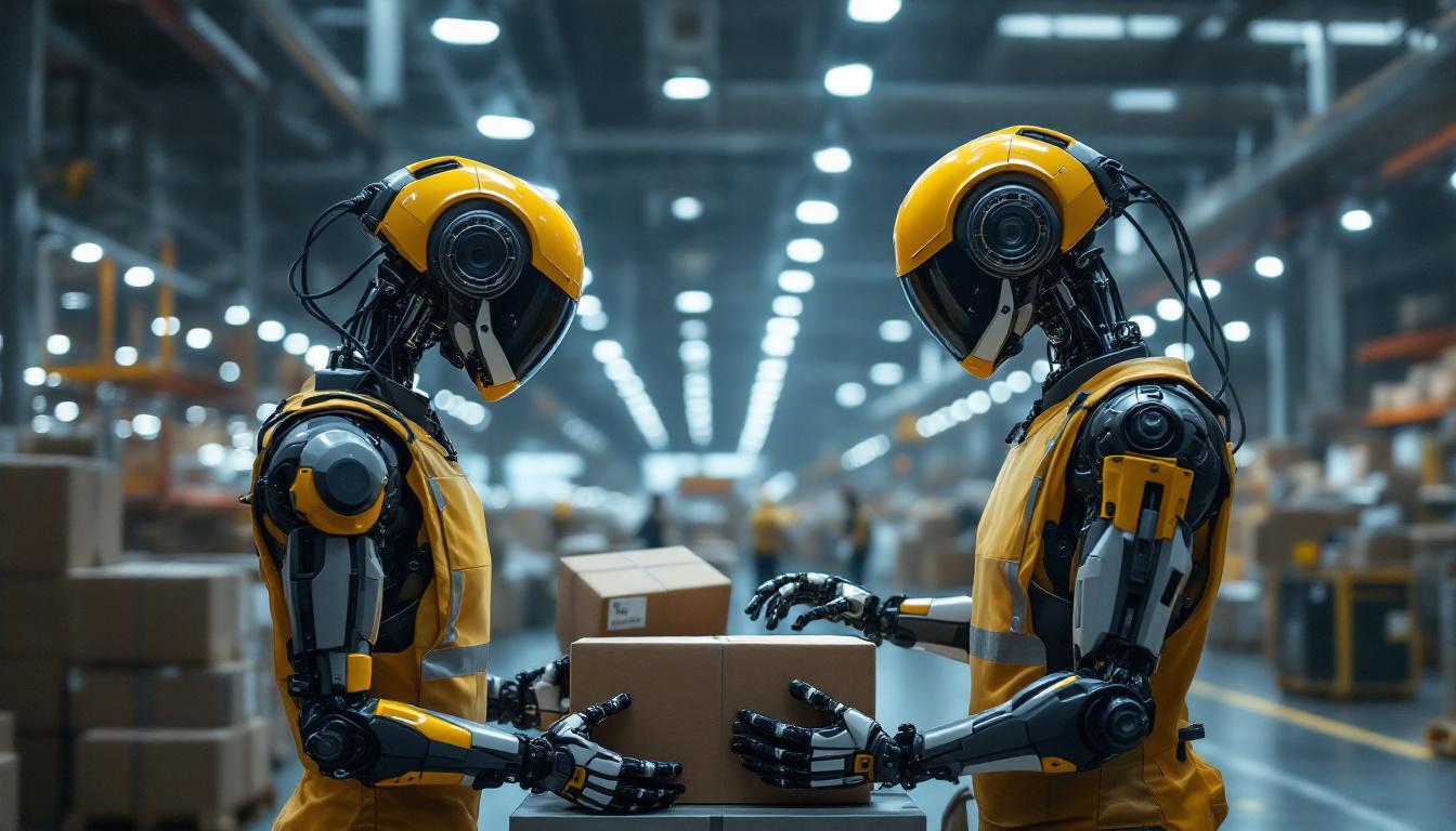 A photograph of a bustling warehouse environment featuring industrial robots in action