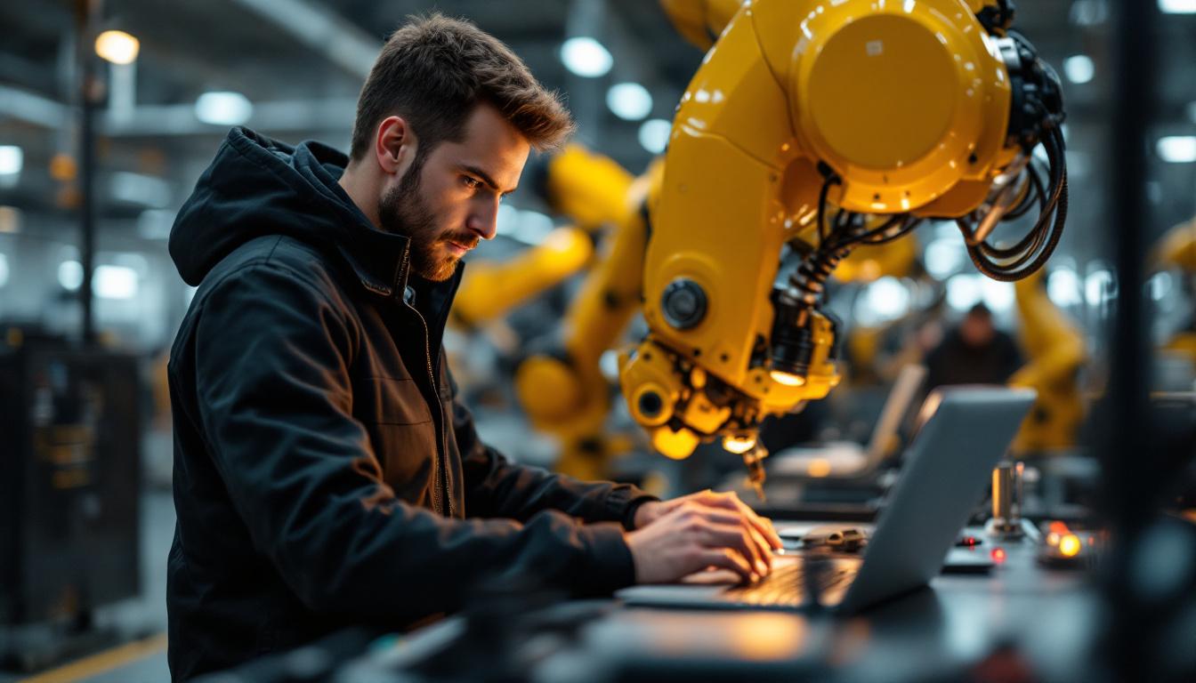 A photograph of a computer engineer working alongside advanced industrial robots in a modern manufacturing setting