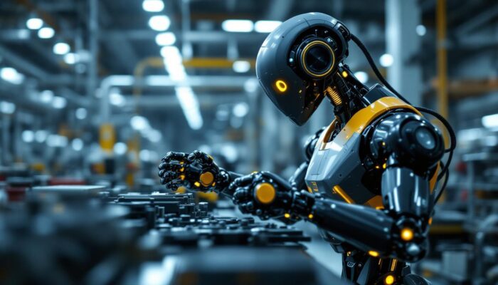 A photograph of a sleek industrial robot in action within a manufacturing environment