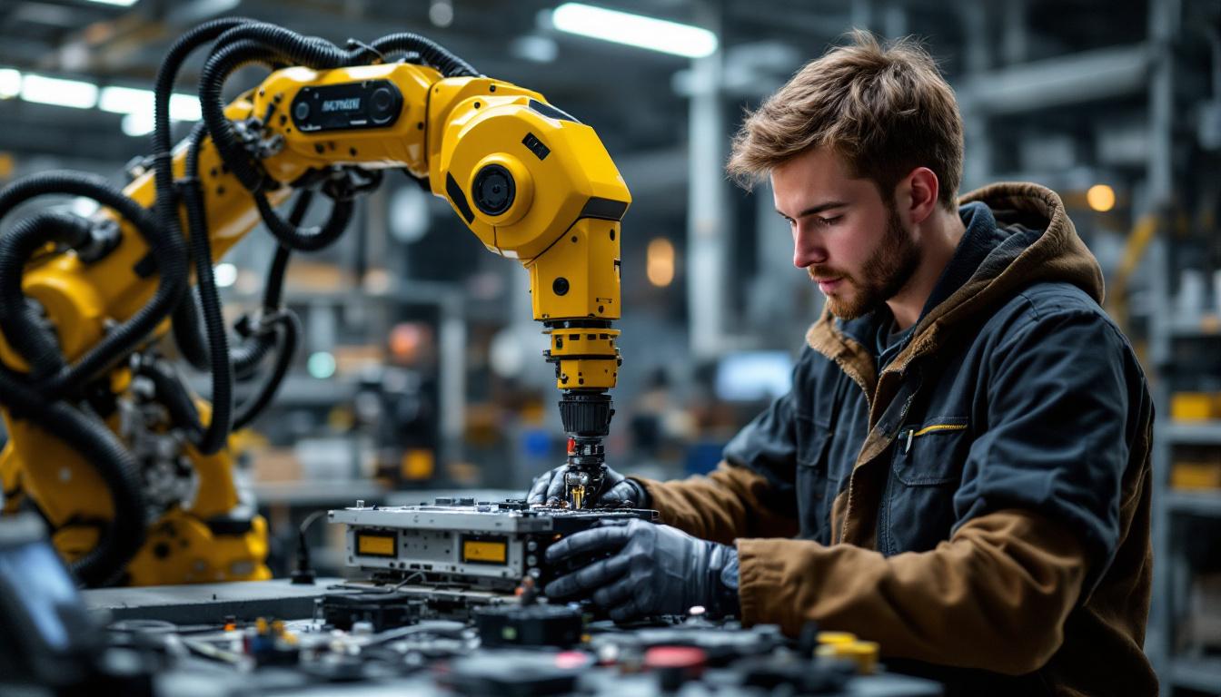 A photograph of a young engineer working intently on a robotic arm in a modern industrial setting