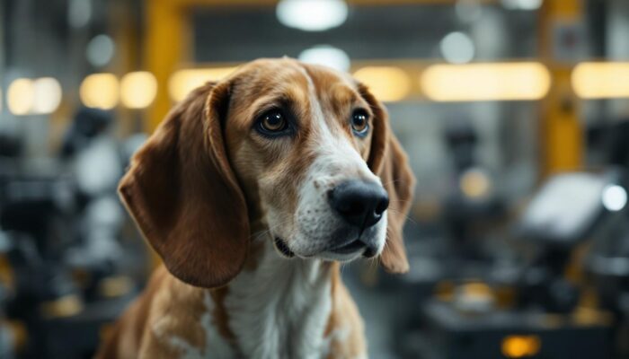 A photograph of a hound dog in an industrial setting