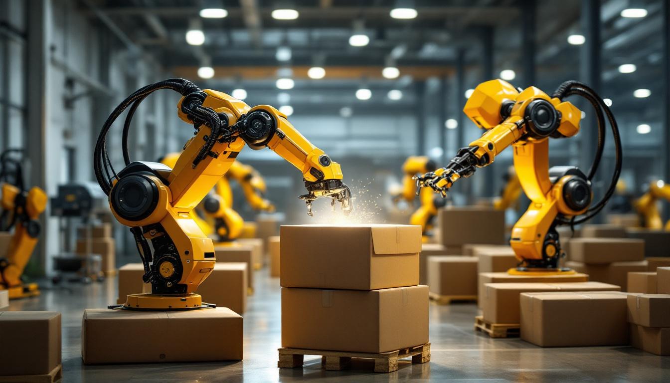 A photograph of a dynamic scene showcasing industrial robots in action within a moving company setting