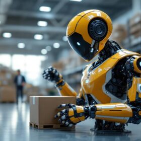 A photograph of a sleek industrial robot in action within a modern logistics warehouse