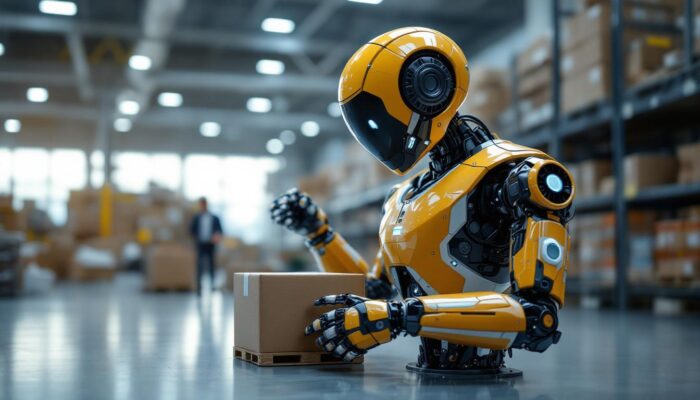 A photograph of a sleek industrial robot in action within a modern logistics warehouse