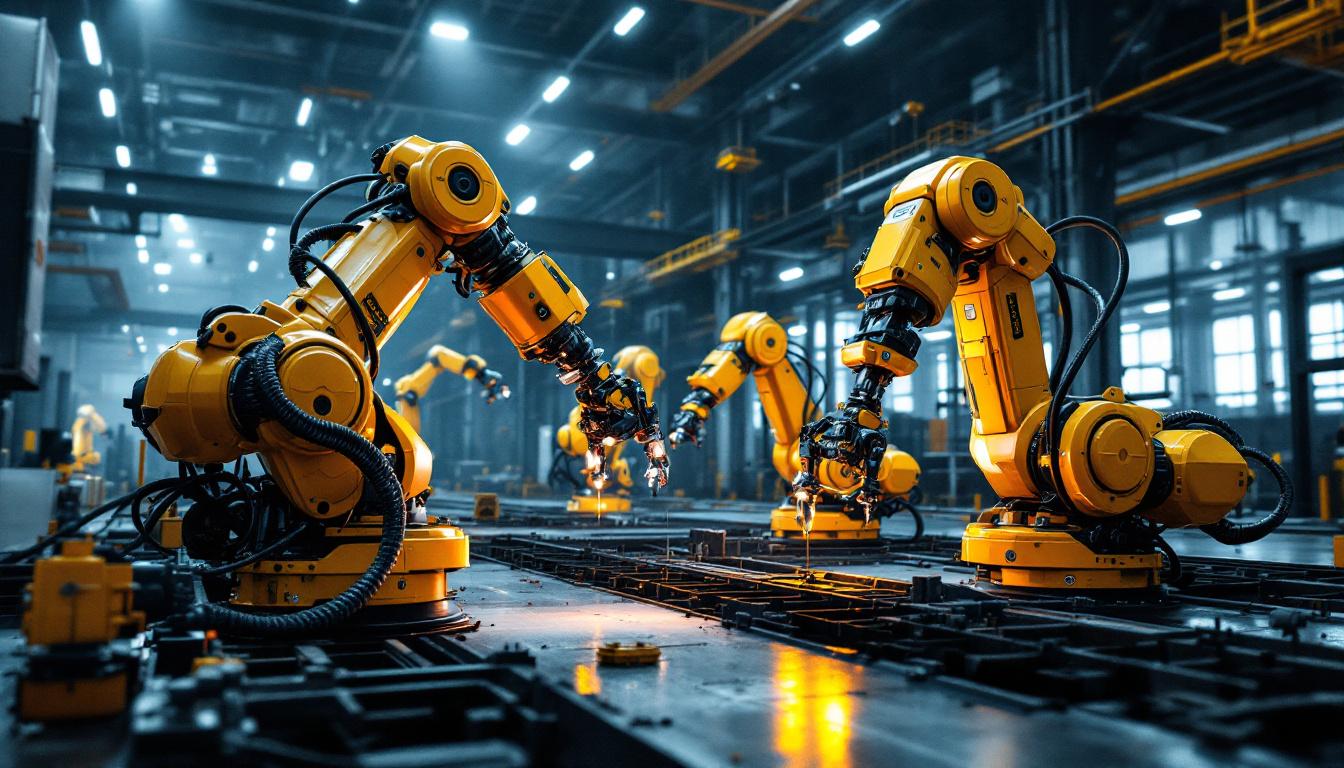 A photograph of a hyundai construction site featuring industrial robots in action