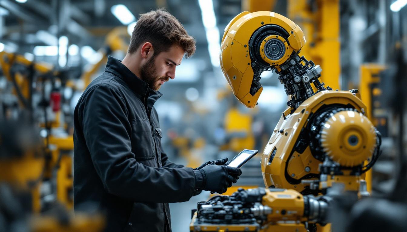 A photograph of a skilled intern working alongside an industrial robot in a modern manufacturing facility
