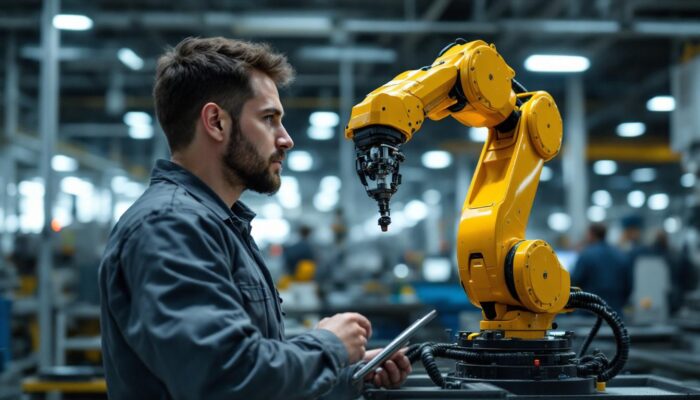 A photograph of a skilled technician overseeing a collaborative industrial robot in action within a modern manufacturing facility