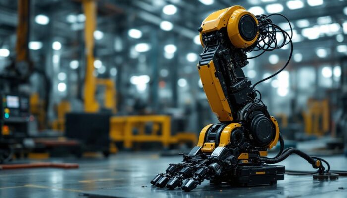A photograph of a humanoid robotic leg in an industrial setting