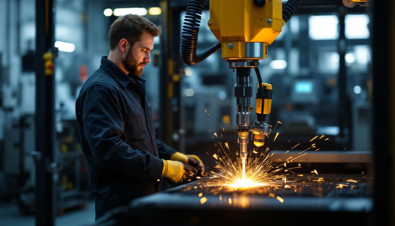 A photograph of a skilled laser technician operating an industrial robotic arm in a high-tech workshop