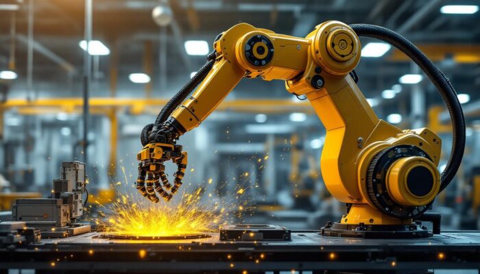 A photograph of a sleek industrial robotic arm performing a dynamic backflip in a high-tech manufacturing environment