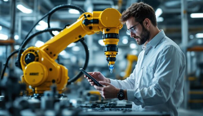A photograph of a skilled technician programming an industrial robot in a modern manufacturing setting