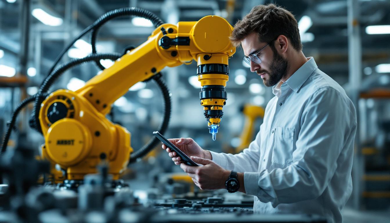 A photograph of a skilled technician programming an industrial robot in a modern manufacturing setting