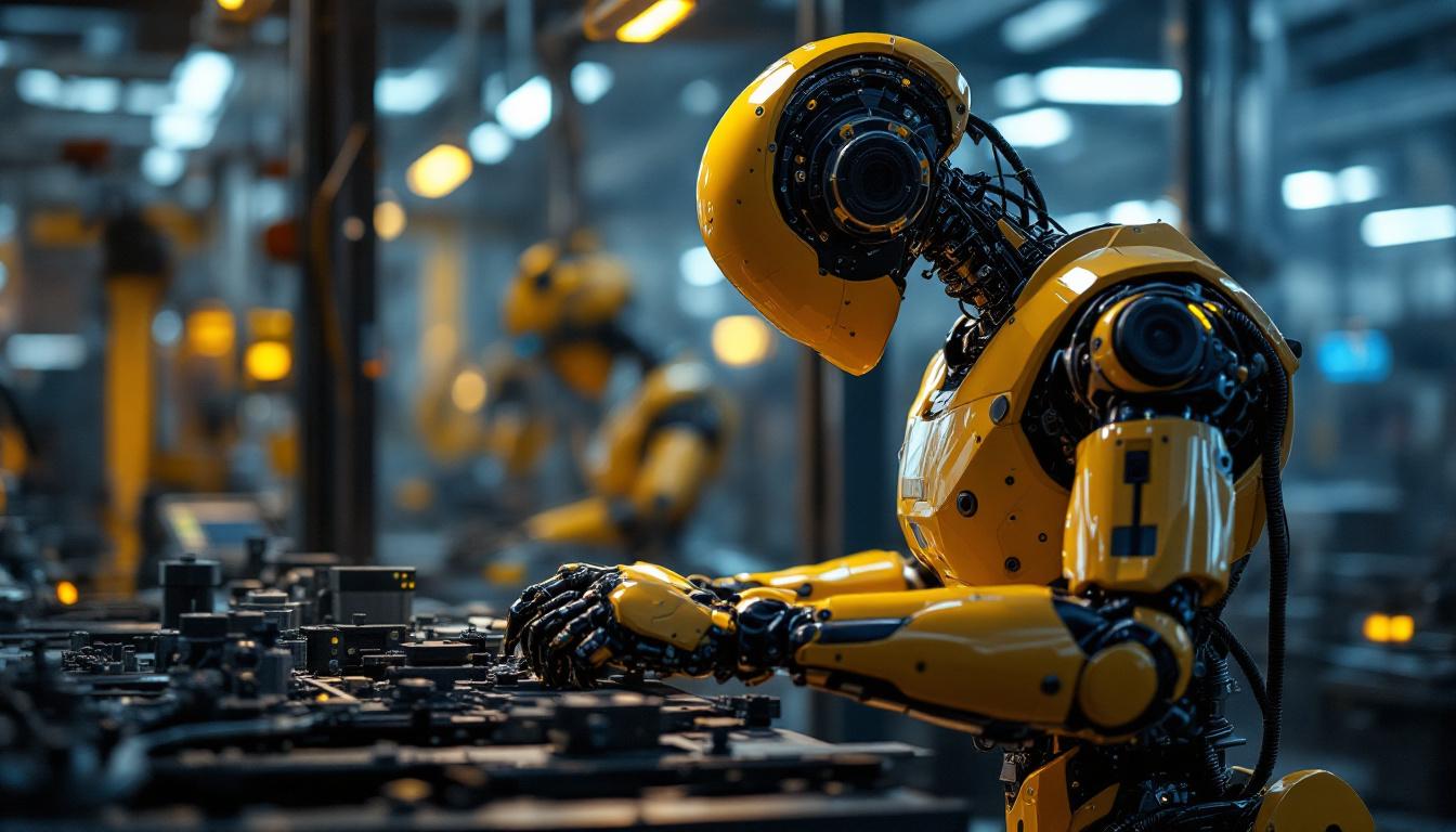 A photograph of a sleek industrial robot in action within a manufacturing environment