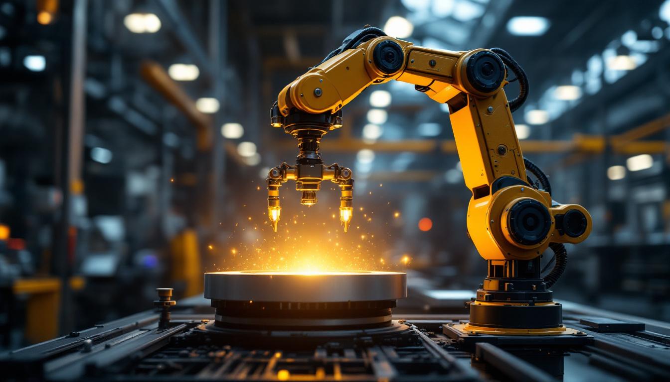 A photograph of a sleek industrial robotic arm in action