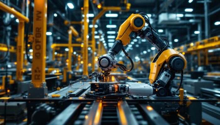 A photograph of a high-tech industrial robot in action