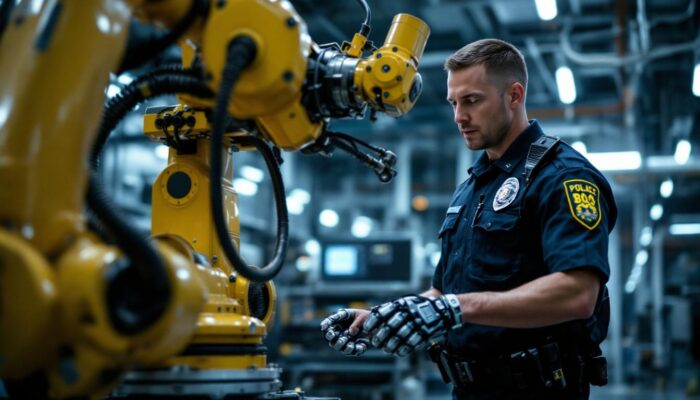 A photograph of a boston police officer interacting with an industrial robotic system in a training or operational setting