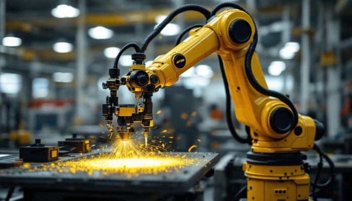 A photograph of a spot on arm robotic arm in action within an industrial setting